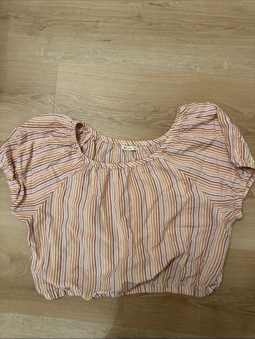Marine Layer Striped Pink & Cream Cropped Peasant Top